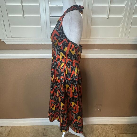 Vintage Bettie Page XL Halter Swing Dress Black Orange Boomerang Print Retro Mod - Picture 3 of 7